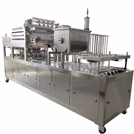Máquina automática de sellado y llenado de palomitas de maíz, aperitivos, nueces y cereales, sellador automático de bandejas y vasos de plástico, equipo de embalaje